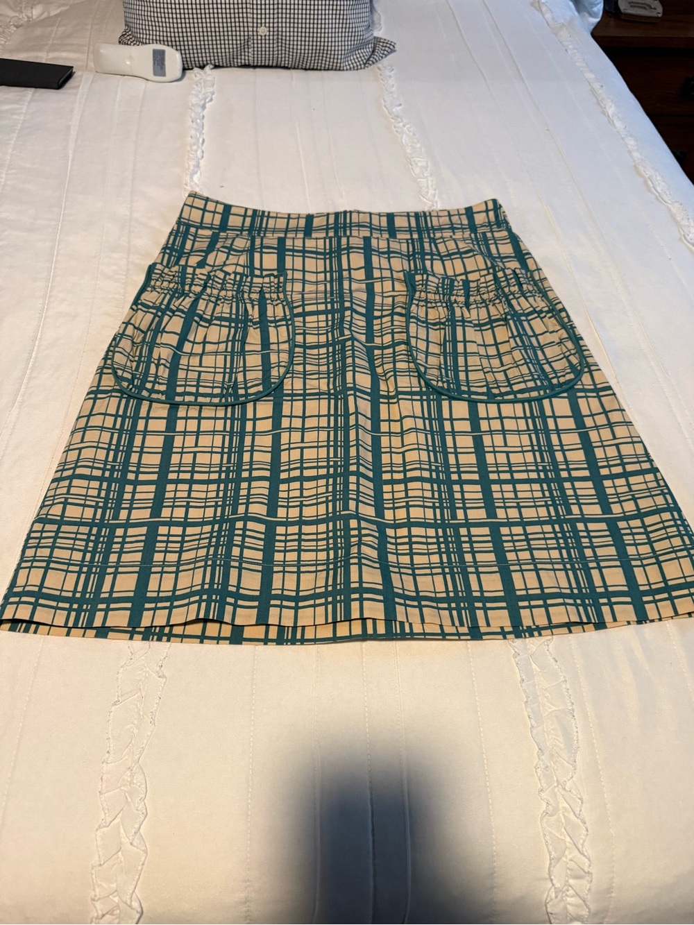 Teal green and Beige Plaid A-Line knee length Skirt with Front Pockets